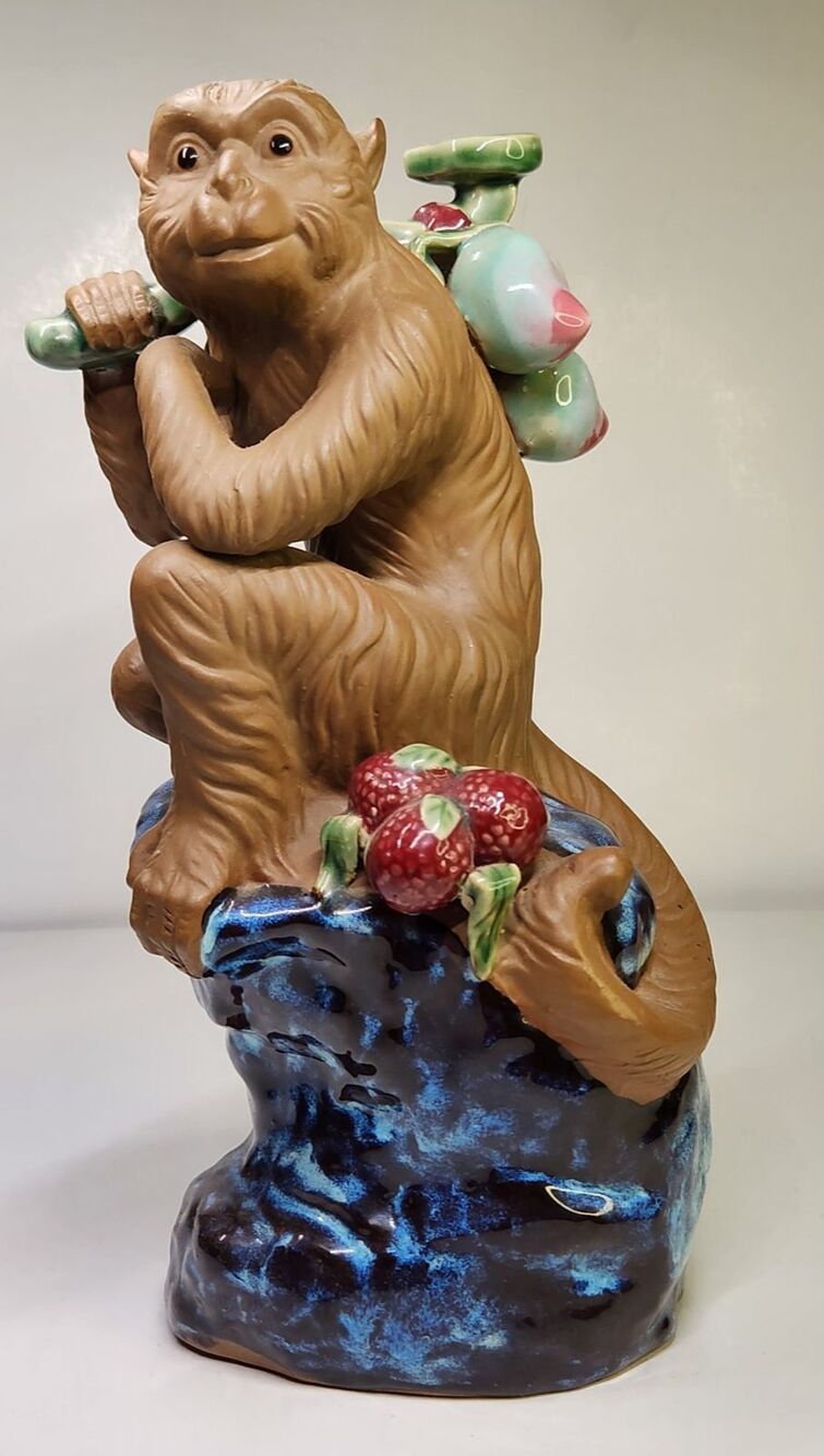 Chinese Glazed Ceramic Monkey Figure Carrying Fruit Majolica Import 11.75" VTG